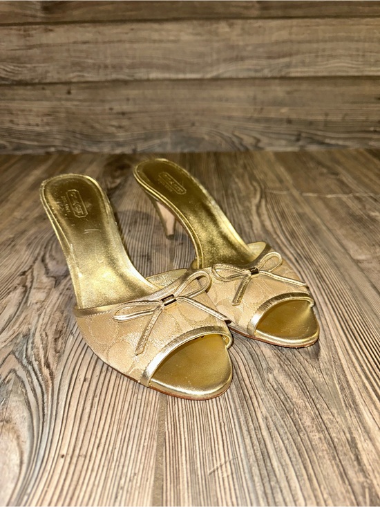 Coach Shoes - Coach Gold Metallic Open-Toe Kitten Heel Mules with Bow Mesh Logo Size 8 Class